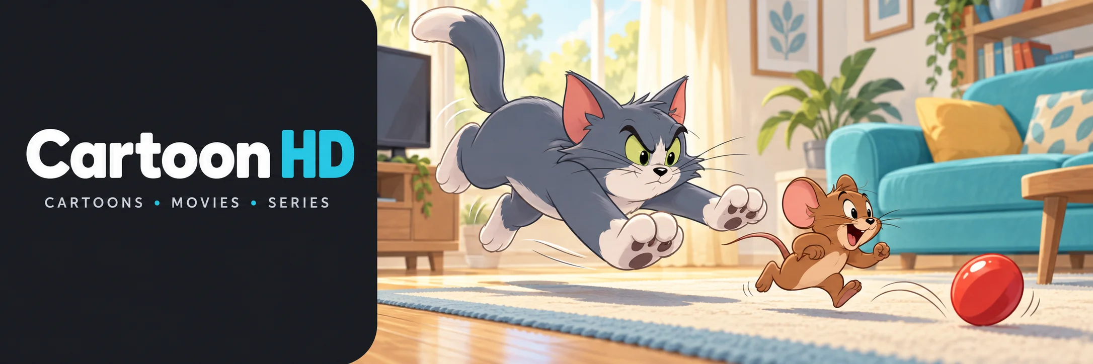Cartoon HD wordmark with a cyan accent beside an original animated cat and mouse chase